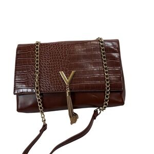 Crossi Brown Croc Embossed‎ Crossbody Bag Gold V Tassel Hardware Faux Leather